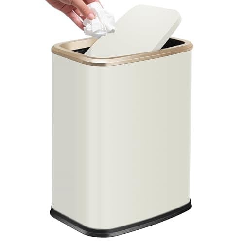 Image of QLHIBLY 15L Bathroom Bin with Swing Lid,Stainless Steel Trash Bin with Inner Bucket,Waste Bin for Bedroom,living room,Kitchen,Office(Cream White)