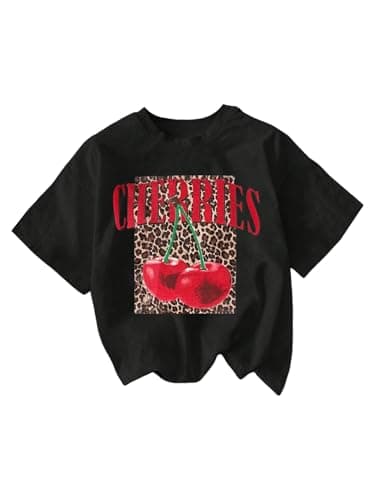 Image of GORGLITTER Women's Leopard Cherry Print Short Sleeve T Shirts Letter Graphic Crewneck Going Out Tops Black XX-Large