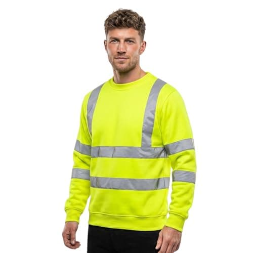 Image of Hi Vis Sweatshirt Men High Visibility Crew Neck Long Sleeve Workwear Jumper Reflective Safety Security Top EN ISO 20471 Railway Construction Warehouse PPE Yellow 2XL