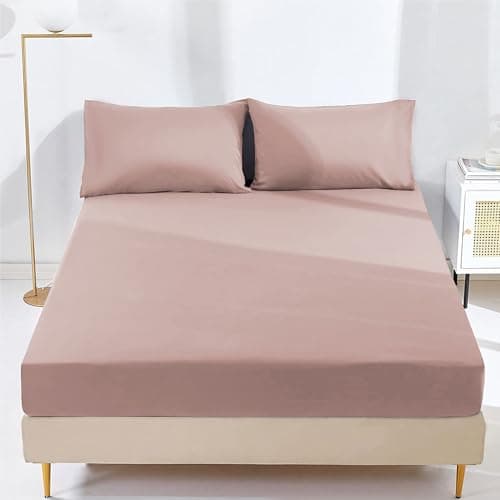 Image of AR Ware Double Fitted Sheet Non Iron Wrinkle, 25cm Deep Ultra Soft Microfiber Elastic Fitted Bed Sheets Easy Care, Fade Resistant (Blush)