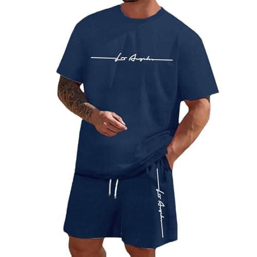 Image of Generisch Men's Jogging Suit, Short 2-Piece Comfortable T-Shirt & Shorts Set, Cotton Mix, Oversized Street Print, Breathable, Sports, Leisure Outfit for Training, Streetwear, Travel, Dark blue- 2, M