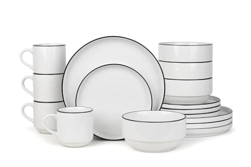 Image of Waterside 16 Piece Black Rim Stacking Dinner Set, 4 x Dinner Plates, Side Plates, Deep Bowls, Mugs - Dishwasher & Microwave Safe