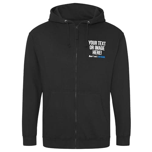 Image of Purple Print House Personalised Zipped Up Hoodie Mens Womens Any Text Image Photo Custom Work Company Logo Uniform Full Length Zipper Hoody Hooded, L, Black