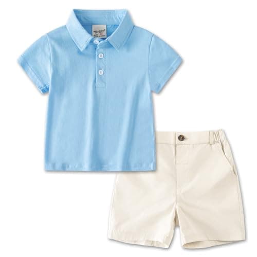 Image of Volunboy Toddler Boys Summer Clothes, Short Sleeve Polo Shirt Tops & Shorts Activewear Casual Sport Outfits 1-6 Years(Sky Blue,18-24 Months,Tag Size 90)