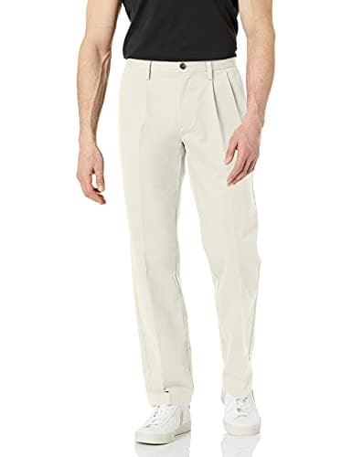 Image of Amazon Essentials Men's Classic-Fit Wrinkle-Resistant Pleated Chino Trousers (Available in Big and Tall), Stone, 34W / 32L