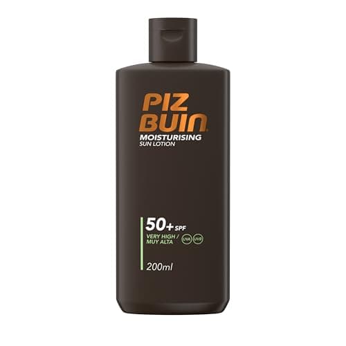 Image of Piz Buin Moisturising Sun Lotion SPF 50+ (200ml), Triple-Resistance Sunscreen with UVA/UVB Filters, Protective and Hydrating Skincare for UV Exposure