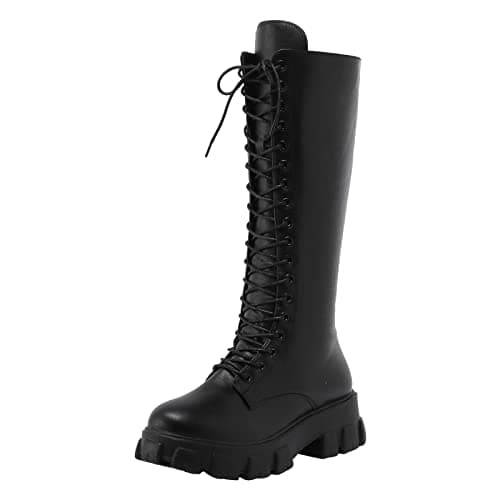 Image of Generisch Ladies Fashion Solid Side Zip Up British Style Lace Up Long Boots, black, 6 UK
