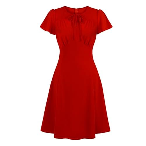 Image of Wellwits Women's Ruched Bow Tie A Line 40s Vintage Formal Work Dress Red XL