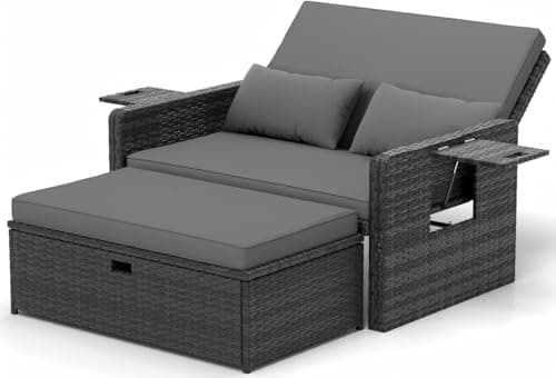 Image of UDPATIO Garden Patio Rattan Daybed, Rattan Bed Sun Lounger with Storage Ottoman & Retractable Side Tray,5-Level Adjustable Backrest,Seat & Back Cushion Included, Grey-Mottled & Grey Cushions Covers