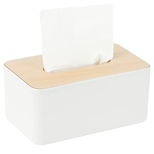 Image of Tissue Box with Bamboo Top, Rectangular, Plastic, Tissue Dispenser Box for Living Room, Office, Car, Bathroom (White)