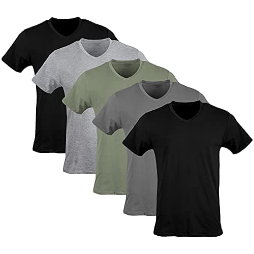 Image of Gildan Men's V-Neck T-Shirts, Multipack, Style G1103 Undershirt, Black/Sport Grey/Charcoal/Military Green (5-Pack), M