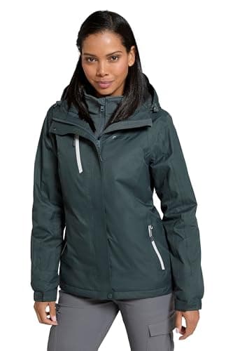 Image of Mountain Warehouse Bracken Extreme Womens 3 in 1 Waterproof Jacket - Breathable Rain Jacket, Thermal Tested Raincoat, Detachable Hood - For Camping & Walking Khaki Women's Size 4