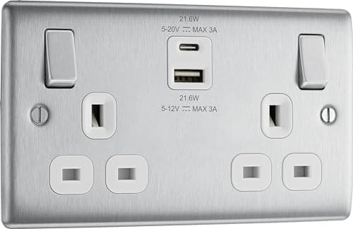 Image of BG Electrical 22W Double Switched Wall Plug Socket with Fast Charge Type A & C USB Charging Ports, Nexus Metal, Brushed Steel, White Inserts, 13A, NBS22UAC22W