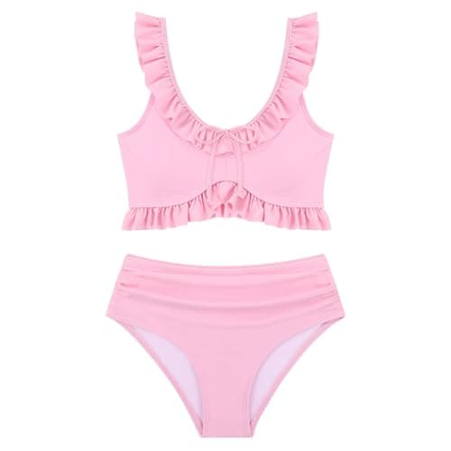 Image of Miyanuby Girls Swimsuits 2 Piece Bikini Set Kids Ruched Ruffle Bow U-Neck Bathing Suits for 9-16Years Teen Girls' Swimwear Set Pink