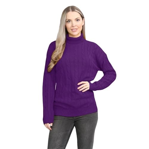 Image of janisramone® Polo High Neck Jumpers for Women UK, Cable Knitted Long Sleeve Ladies Jumpers, Casual Pullover Winter Turtle Neck Tops for Women Size 8-107 Purple