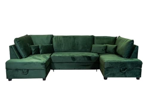Image of sleepkings Meridian Emerald Green U-Shape Sofa Bed with Storage – Plush Velvet Pull-Out Sofa Bed, Corner Sofa with Ottoman Storage – Comfortable Living Room Furniture