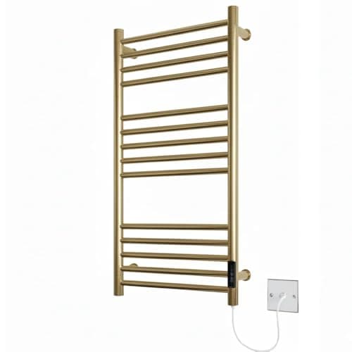 Image of Manissa Siena Brushed Brass Stainless Steel Electric Heated Towel Rail 400mm W x 720mm H Energy Efficient Towel Radiator
