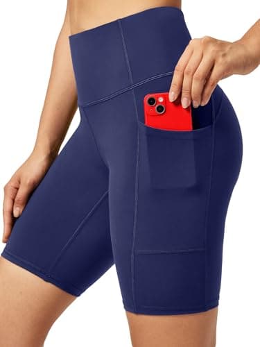 Image of Ewedoos Cycling Shorts Women Running Gym Shorts for Women with Pockets High Waisted Tummy Control Soft Womens Sports Yoga Biker Workout Short Navy Blue