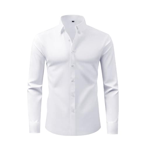 Image of Mens Four Way Stretch Long Sleeve Shirt Cut Formal Business regular fit Standard Collar Button Down Shirt Wrinkle Free Casual Shirt Suitable Weddings Work We (UK, Alpha, S, Regular, Regular, White)