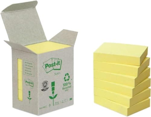 Image of Post-it Reycling Notes Canary Yellow, Pack of 6 Pads, 100 Sheets per Pad, 38 mm x 51 mm, Yellow Color - Self-Stick Notes Made from 100% Recycled Paper