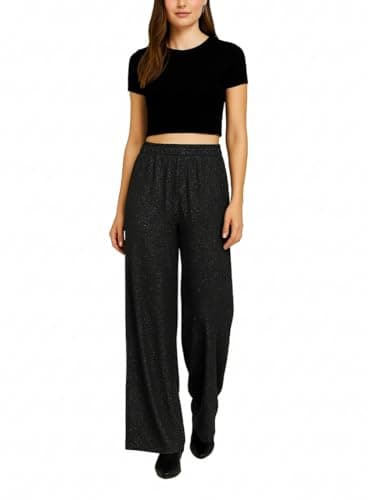 Image of INSAFIANS Womens Jersey Glitter Palazzo Trousers Wide Leg Elasticated Waist Formal Pants (Glitter - Black 2XL Short)