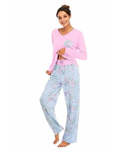 Image of Famulily Womens Pyjama Set Long Sleeve Sleepwear Floral Print Nightwear Soft Pjs Lounge Sets with Pockets Pink M