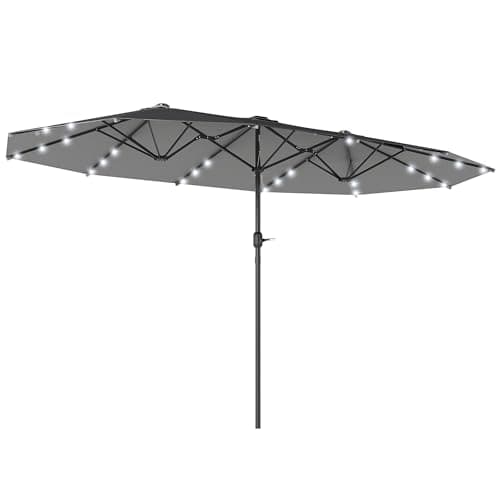 Image of Outsunny 4.4m Double-Sided Sun Umbrella Garden Parasol Patio Sun Shade Outdoor with LED Solar Light, NO BASE INCLUDED, Dark Grey