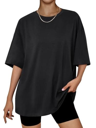 Image of LILLUSORY Fashion Y2k Going Out Tops Oversized T Shirts for Women UK Short Sleeve Tshirts Summer Capsule Wardrobe Tunic Basic Ladies Tops Gym Crew Neck Yoga Clothing Loose Fit Clothes Size 6-8 Black S