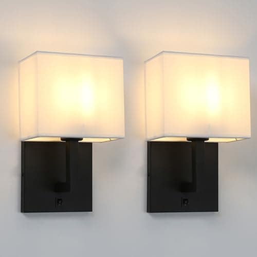 Image of Yosoan Lighting 2 Sets of Vintage Modern Linen Lampshade Wall Light Fittings, Beside LED Wall Lamp with Wall Switched for Living Room Bedrooms Hotel E27 Screw (Black)