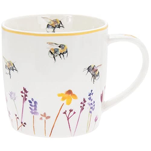 Image of Tea Coffee Mug Pretty White Floral Water Colour Busy Bees Design by Jennifer Rose Gallery Boxed