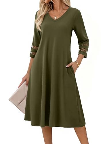 Image of Zeagoo Summer Dresses for Women UK 3/4 Sleeve Elegant Tunic Dress Classic V-Neck Midi Dress with Pockets Green XXL