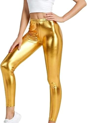 Image of Girls Shiny Metallic Leggings – Stretchy Kids Dance & Gymnastic Pants for Parties, Disco, Performances & Fancy Dress – Full Length Tights, Ages 3–14 Years (as8, Age, Regular, Gold, 5-6 Years)