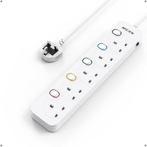 Image of Mscien Long Extension lead 5M 5 Way, 5M Extension Lead Wall Mounted with Multiple Protection, Fused Power Strip with Individual Switches, Multiple Protection, 13A/3250W