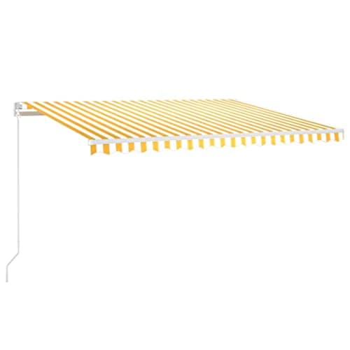 Image of vidaXL Retractable Awning - 400x350 cm Yellow/White, Solar LED, Manual Patio Canopy, Water-, Adjustable Shelter