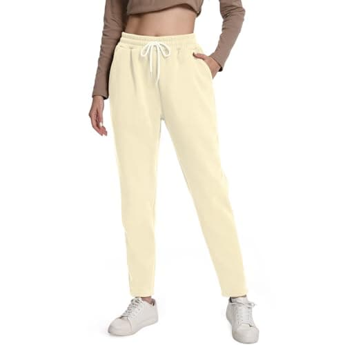 Image of EBANKU Women's Sherpa Lined Sweatpants with Pockets Fleece Lined Joggers Pant Winter Warm Thick Bottoms Tracksuit for Casual, Gym and Jogging Light Beige