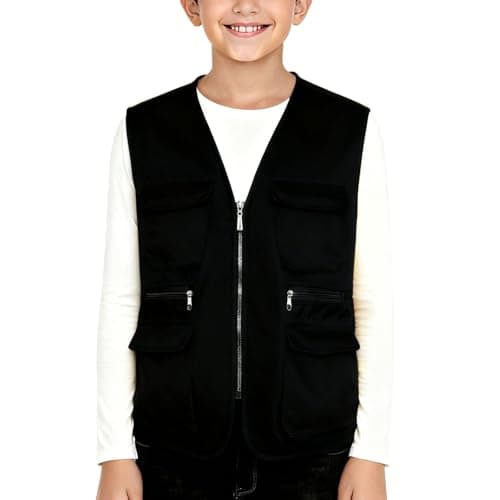 Image of Kids Utility Vest with Multi Pocket, Quick Dry Fishing Waistcoat Outdoor Work Safari Travel Gilet Camping Hunting Photography Summer Jackets School Outerwear Black 11 Years