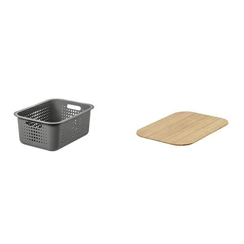 Image of SmartStore - Plastic Storage Basket Recycled 15 Litres Set : Taupe Colour Basket + Bamboo Lid