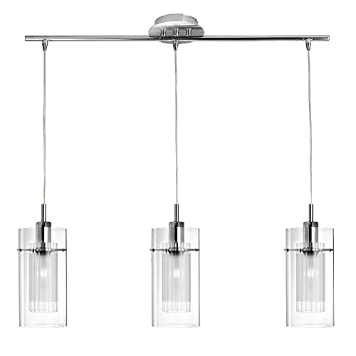 Image of Britalia Polished Chrome & Double Glass Modern 3 Lamp Bar Pendant Ceiling Light | Clear & Frosted Cylindrical Glass Shades | 3 x E14 SES Lamp Bulbs Required (Not Included)