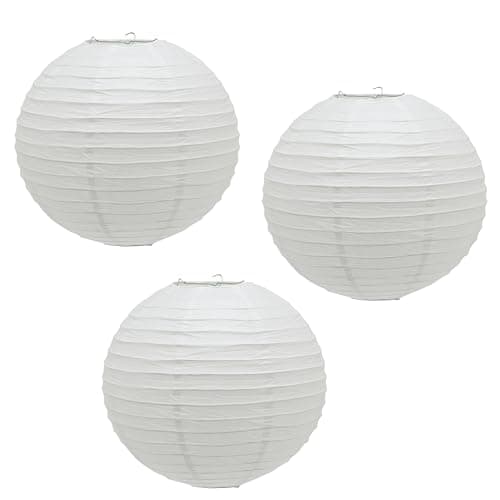 Image of Pack of 3 x 30cm Round White Paper Light Shade Lantern | Classic Bamboo Style Ribbed Paper Lampshade | Hanging Circle Ceiling Lightshade