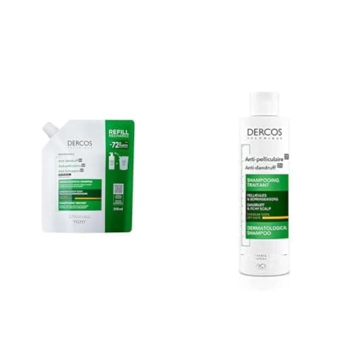 Image of Vichy Dercos Anti-Dandruff Shampoo for Dry, Flaky Itchy Hair, Value Format with x1 Resealable 390ml Refill Pouch and 200ml Refillable Bottle