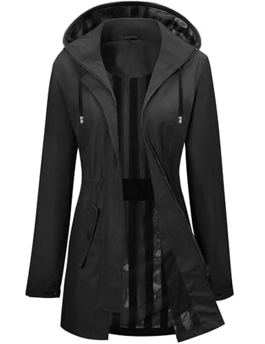 Image of CMTOP Waterproof Jackets Women Lightweight Breathable Rain Coat Outdoor Functional Rain Jacket Windproof Zipper Trench Coats with Pockets and Detachable Hood for Walking Camping Hiking(Black,L)
