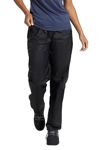 Image of Mountain Warehouse Pakka Womens Waterproof Over Trousers - Packaway Bag, Breathable Rain Pants, Hook & Loop Ankle Opening Ladies Rainwear - Spring Summer, Outdoors Black Women's Size 4