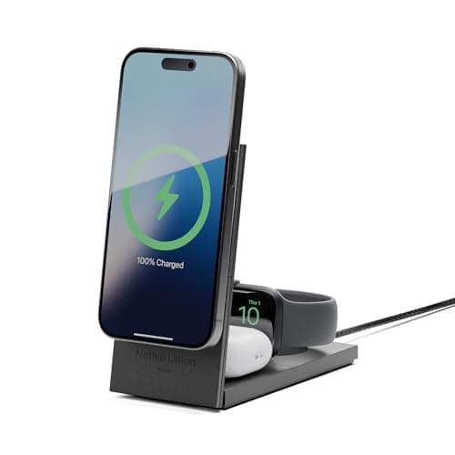 Image of Native Union Rise 3-in-1 Magnetic Wireless Charger – Qi2 Certified & MagSafe 15W Fast-Charging Foldable Charging Stand for iPhone Air, 17, 17e with Charging for AirPods (Pro) & Apple Watch (Black)