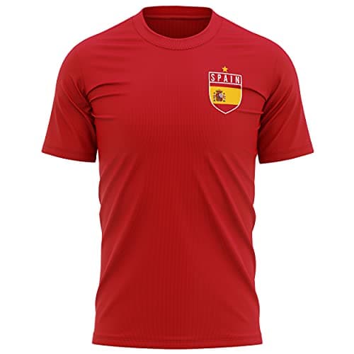 Image of Spain Football Shirt - Mens Spain Flag Badge T Shirt - Retro Football European Country 2021 2020 Supporters Red 1920 Tee Him - Spanish Tournament Footy Soccer Top, L, Red