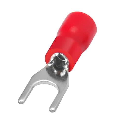 Image of Heschen Fork Insulated Wire Connector Electrical Crimp Terminal, SV1.25-4S, Stud size #8, for 0.5-1.5mm² (22-16 AWG), Red, 100Pack