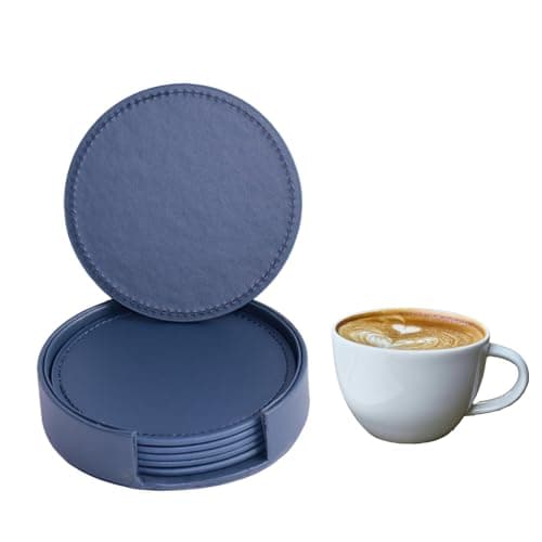 Image of Vyqrx Leather Coasters Set of 6 - Round Heat-Resistant Anti-Slip Drink Coasters with Holder | Kitchen, Dining & Coffee Table Accessories (BLUE)