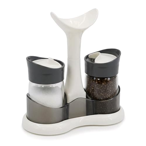 Image of GEEZY Salt and Pepper Shakers Set - Glass Cruet Pots with Stand, Kitchen Dining Table Condiment Holder - Refillable Spice Container for Home & Restaurant