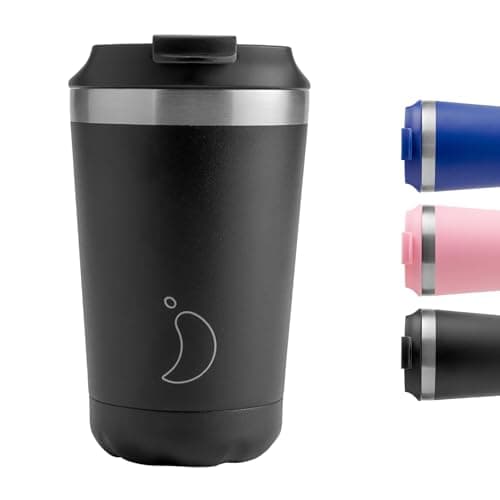 Image of Chilly's Original Coffee Cup - Thermal Mug For Cold & Hot Drinks - Leak-Proof Travel Mug with Lid - Double Walled Vacuum Insulated Mug - Stainless Steel - Monochrome Black, 340ml