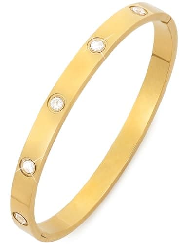 Image of Suyi Gold Bangle Bracelet Crystal 18k Gold-Plated Cuff Bracelet for Women Simple Cubic Zirconia Bracelets 6.3in Gold