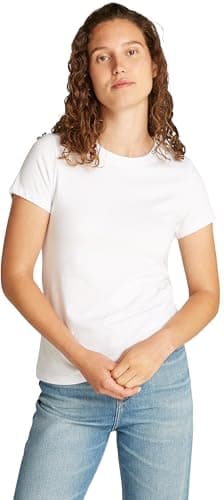 Image of Calvin Klein Women’s Short Sleeve Logo Neckline Slim Fit T-Shirt, White (Brilliant White), XXS